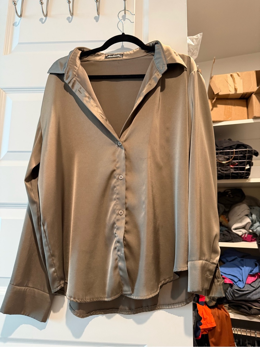 Satin Button-Down Blouse - Taupe
